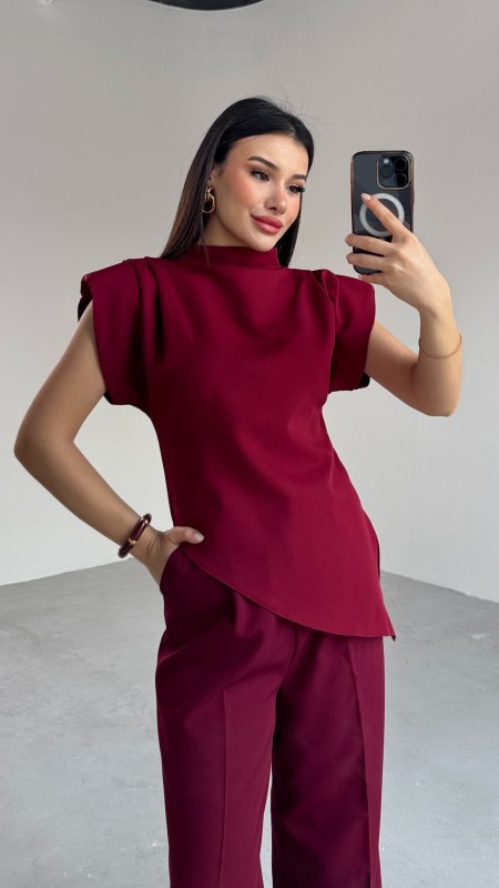 BLZ-06276 Bordo Vatkalı Arka Fermuarlı Asimetrik Kesim Tasarım Bluz - 2