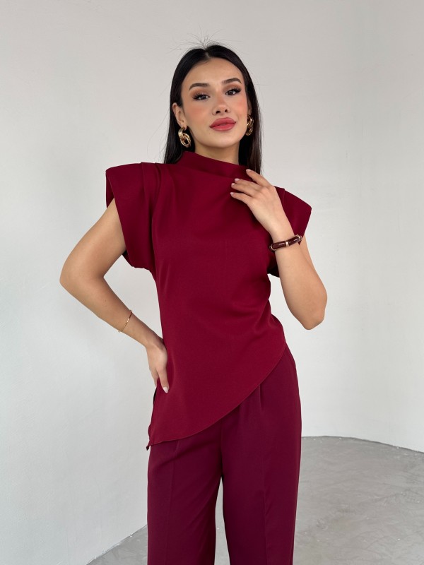 BLZ-06276 Bordo Vatkalı Arka Fermuarlı Asimetrik Kesim Tasarım Bluz - 3