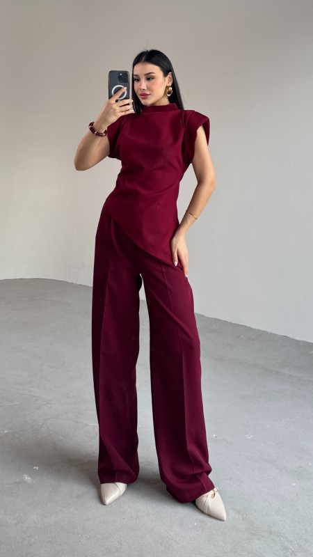 BLZ-06276 Bordo Vatkalı Arka Fermuarlı Asimetrik Kesim Tasarım Bluz - 5