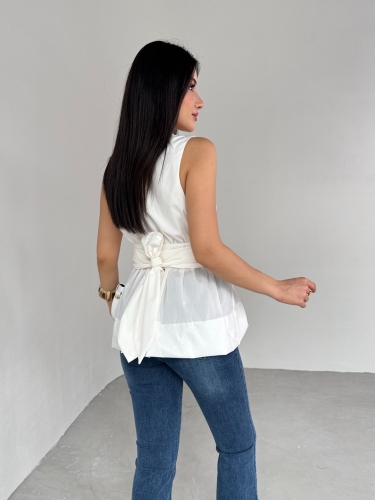 BLZ-06277 Beyaz Bel Fiyonk Bağlamalı V Yaka Bluz - 3