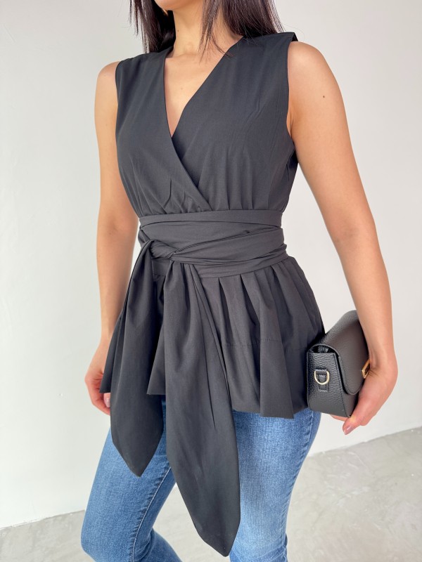 BLZ-06277 Siyah Bel Fiyonk Bağlamalı V Yaka Bluz - 2