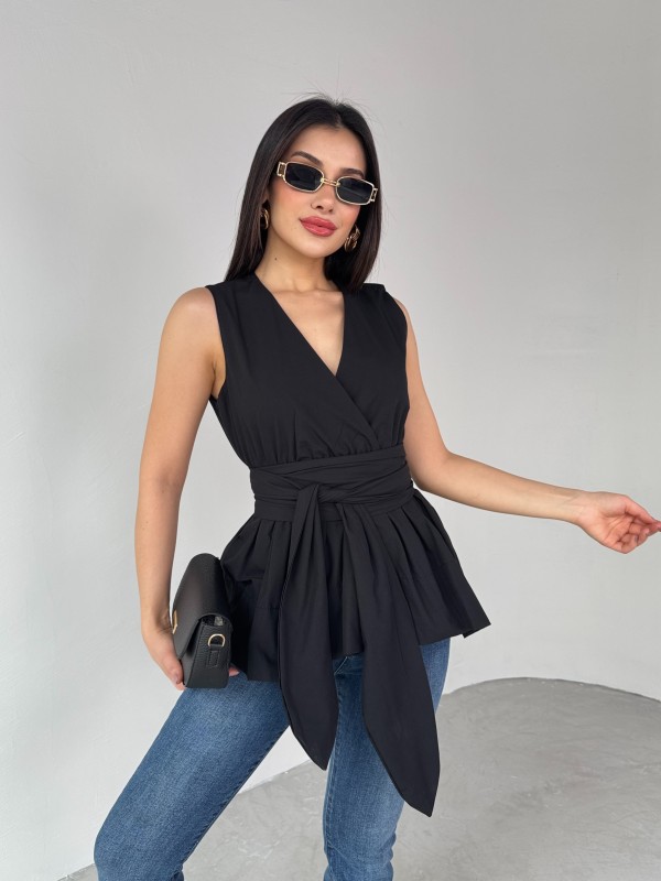 BLZ-06277 Siyah Bel Fiyonk Bağlamalı V Yaka Bluz - 3
