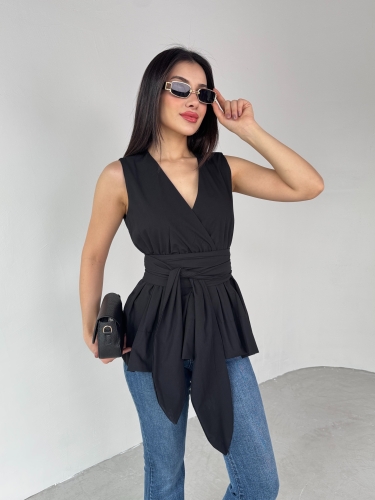 BLZ-06277 Siyah Bel Fiyonk Bağlamalı V Yaka Bluz - 4