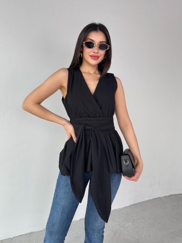 BLZ-06277 Siyah Bel Fiyonk Bağlamalı V Yaka Bluz - 5