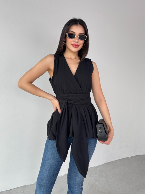 BLZ-06277 Siyah Bel Fiyonk Bağlamalı V Yaka Bluz - 5