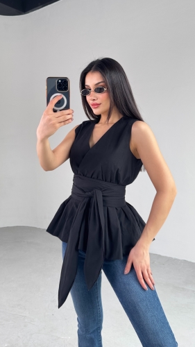 BLZ-06277 Siyah Bel Fiyonk Bağlamalı V Yaka Bluz - 6