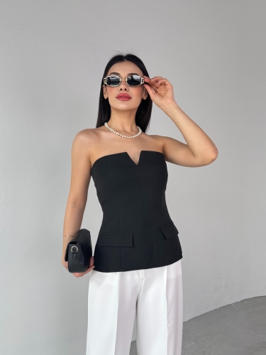 BLZ-06278 Siyah V Dekolte Straplez Büstiyer Bluz 