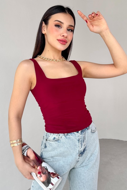 BLZ-06280 Bordo Kare Yaka Askılı Bluz - 1