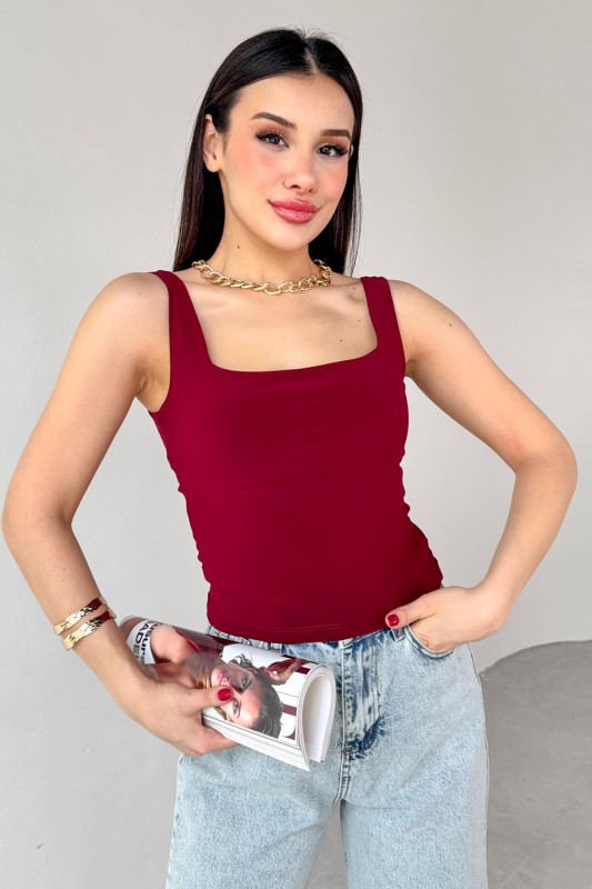 BLZ-06280 Bordo Kare Yaka Askılı Bluz - 2