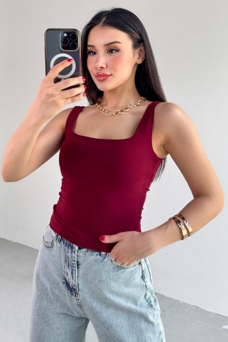 BLZ-06280 Bordo Kare Yaka Askılı Bluz - 3