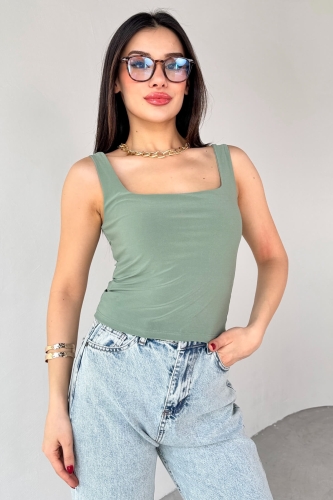BLZ-06280 Haki Kare Yaka Askılı Bluz - 1