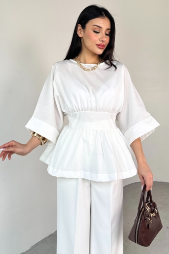 BLZ-06285 Beyaz Yuvarlak Yaka Duble Kol Yandan Fermuarlı Pileli Bluz - 3