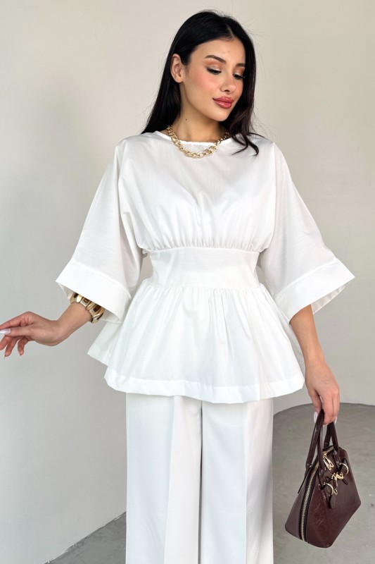 BLZ-06285 Beyaz Yuvarlak Yaka Duble Kol Yandan Fermuarlı Pileli Bluz - 3