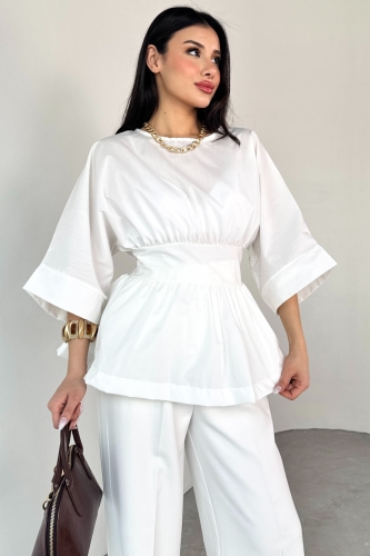 BLZ-06285 Beyaz Yuvarlak Yaka Duble Kol Yandan Fermuarlı Pileli Bluz - 4