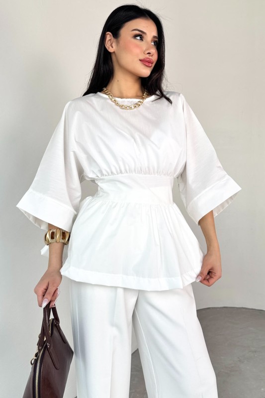 BLZ-06285 Beyaz Yuvarlak Yaka Duble Kol Yandan Fermuarlı Pileli Bluz - 4