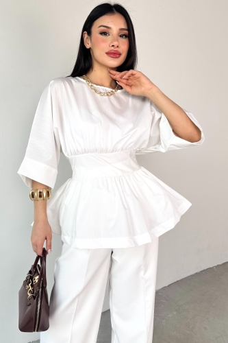 BLZ-06285 Beyaz Yuvarlak Yaka Duble Kol Yandan Fermuarlı Pileli Bluz 