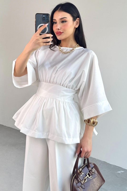 BLZ-06285 Beyaz Yuvarlak Yaka Duble Kol Yandan Fermuarlı Pileli Bluz - 6