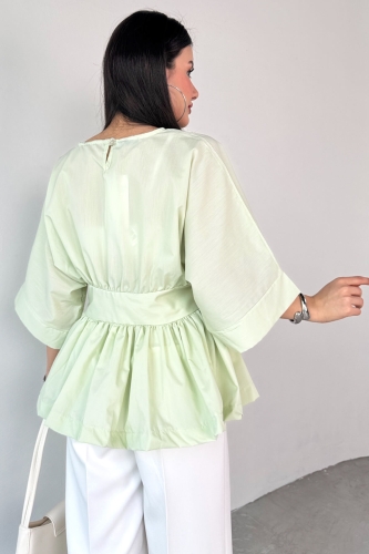 BLZ-06285 Mint Yeşili Yuvarlak Yaka Duble Kol Yandan Fermuarlı Pileli Bluz - 3