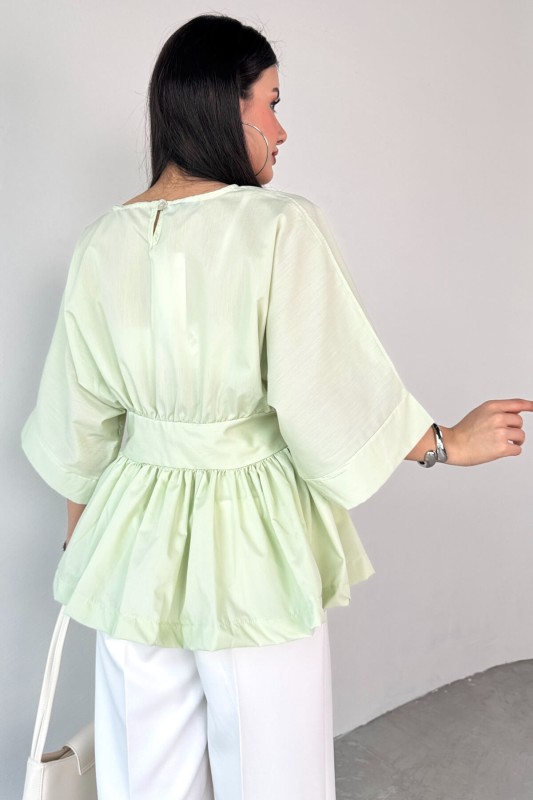 BLZ-06285 Mint Yeşili Yuvarlak Yaka Duble Kol Yandan Fermuarlı Pileli Bluz - 3