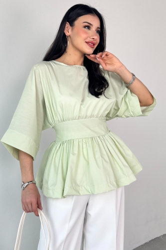 BLZ-06285 Mint Yeşili Yuvarlak Yaka Duble Kol Yandan Fermuarlı Pileli Bluz - 5