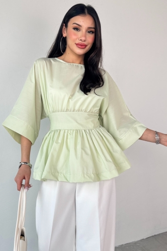 BLZ-06285 Mint Yeşili Yuvarlak Yaka Duble Kol Yandan Fermuarlı Pileli Bluz - 6