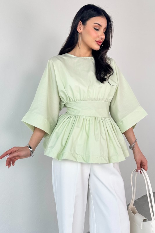 BLZ-06285 Mint Yeşili Yuvarlak Yaka Duble Kol Yandan Fermuarlı Pileli Bluz - 7