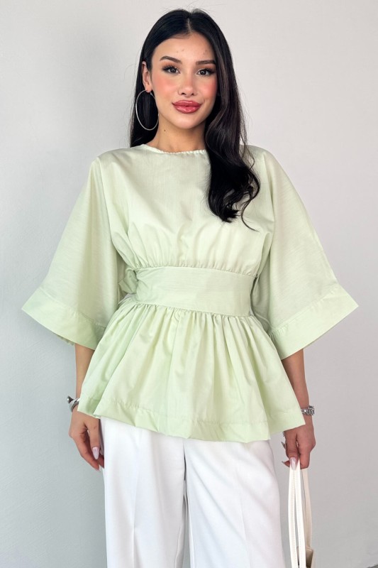 BLZ-06285 Mint Yeşili Yuvarlak Yaka Duble Kol Yandan Fermuarlı Pileli Bluz - 2