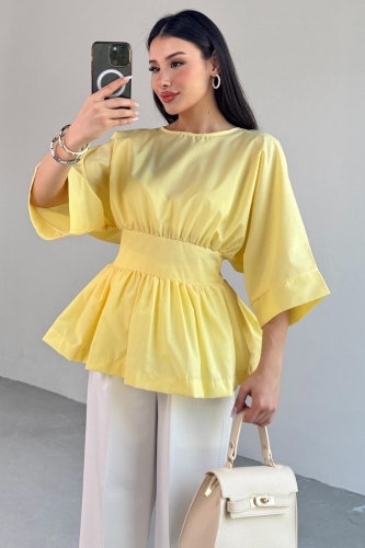 BLZ-06285 Sarı Yuvarlak Yaka Duble Kol Yandan Fermuarlı Pileli Bluz - 3