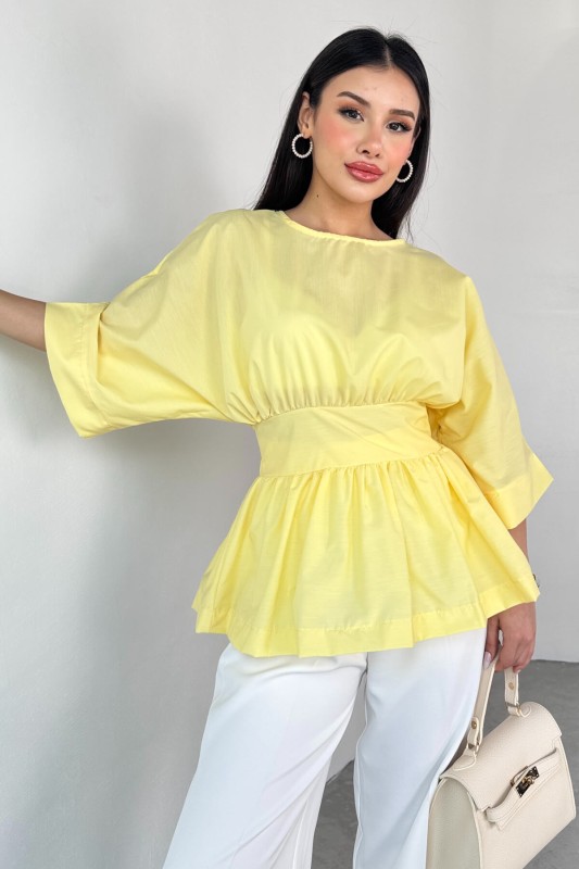 BLZ-06285 Sarı Yuvarlak Yaka Duble Kol Yandan Fermuarlı Pileli Bluz - 4