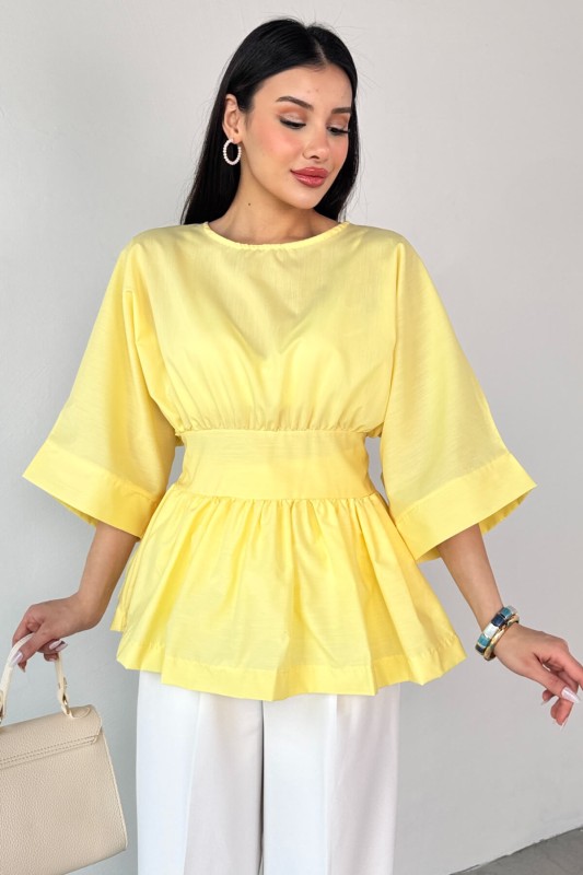 BLZ-06285 Sarı Yuvarlak Yaka Duble Kol Yandan Fermuarlı Pileli Bluz - 2