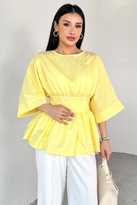 BLZ-06285 Sarı Yuvarlak Yaka Duble Kol Yandan Fermuarlı Pileli Bluz - 1