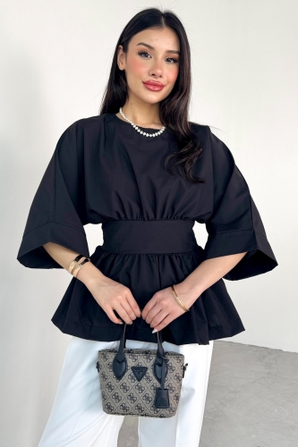 BLZ-06285 Siyah Yuvarlak Yaka Duble Kol Yandan Fermuarlı Pileli Bluz 