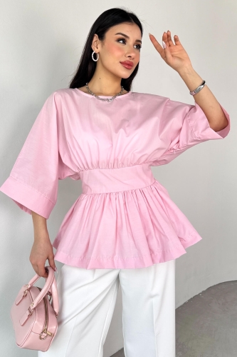 BLZ-06285 Toz Pembe Yuvarlak Yaka Duble Kol Yandan Fermuarlı Pileli Bluz - 3