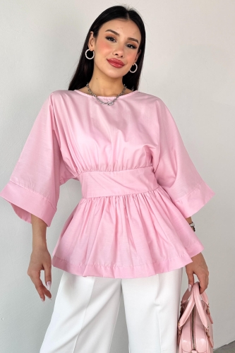 BLZ-06285 Toz Pembe Yuvarlak Yaka Duble Kol Yandan Fermuarlı Pileli Bluz - 4