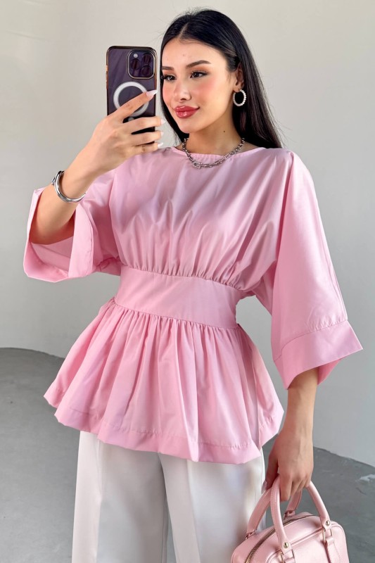 BLZ-06285 Toz Pembe Yuvarlak Yaka Duble Kol Yandan Fermuarlı Pileli Bluz - 5