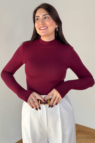 BLZ-06290 Bordo Dik Yaka Parmak Geçirmeli Merserize Likralı Pamuklu Basic Bluz 