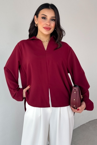 BLZ-13190 Bordo Kol Lastikli Ön Yırtmaçlı V Yaka Bluz - 2