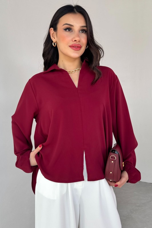 BLZ-13190 Bordo Kol Lastikli Ön Yırtmaçlı V Yaka Bluz - 3