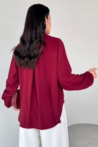 BLZ-13190 Bordo Kol Lastikli Ön Yırtmaçlı V Yaka Bluz - 4