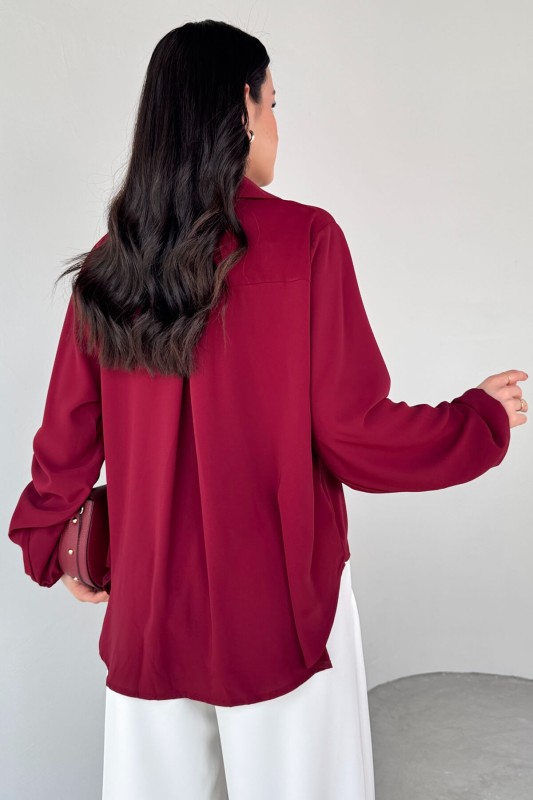 BLZ-13190 Bordo Kol Lastikli Ön Yırtmaçlı V Yaka Bluz - 4