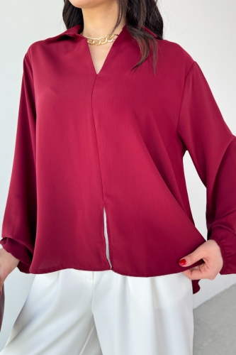 BLZ-13190 Bordo Kol Lastikli Ön Yırtmaçlı V Yaka Bluz - 5