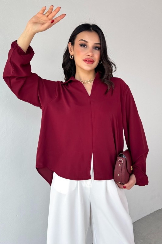 BLZ-13190 Bordo Kol Lastikli Ön Yırtmaçlı V Yaka Bluz - 6