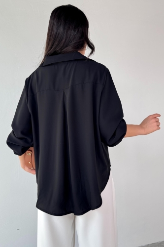 BLZ-13190 Siyah Kol Lastikli Ön Yırtmaçlı V Yaka Bluz - 3