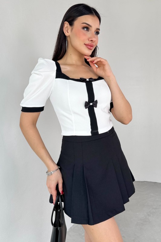 BLZ-13232 Beyaz Kare Yaka Balon Kol Fiyonk Düğmeli Bluz - 6