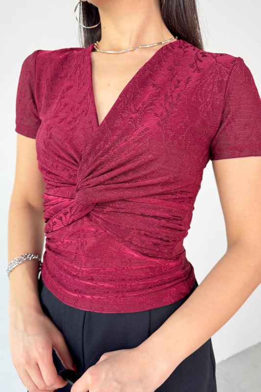 BLZ-13325 Bordo Önden Bağlama Detaylı V Yaka Bluz - 2