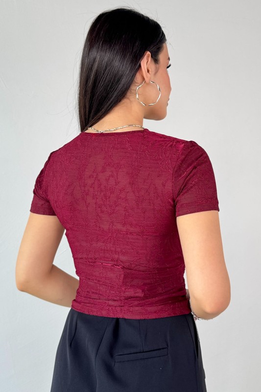 BLZ-13325 Bordo Önden Bağlama Detaylı V Yaka Bluz - 3