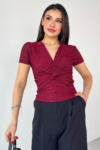 BLZ-13325 Bordo Önden Bağlama Detaylı V Yaka Bluz - 1