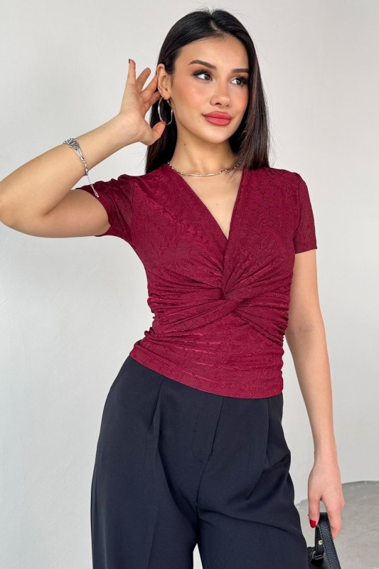 BLZ-13325 Bordo Önden Bağlama Detaylı V Yaka Bluz - 4