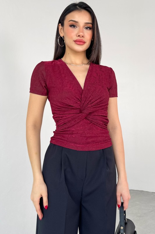 BLZ-13325 Bordo Önden Bağlama Detaylı V Yaka Bluz - 5