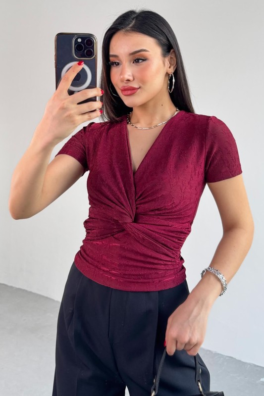 BLZ-13325 Bordo Önden Bağlama Detaylı V Yaka Bluz - 6